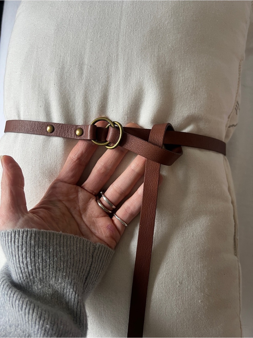 Tibi Chestnut Brown Leather Double-Ring Skinny Belt with Brass Hardware One Size - Picture 3 of 10